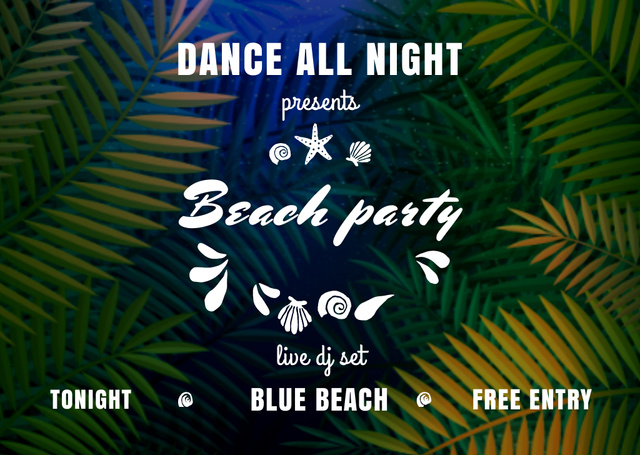Tropical Dance Party Invitation with Palm Tree Leaves Flyer A6 Horizontal Design Template