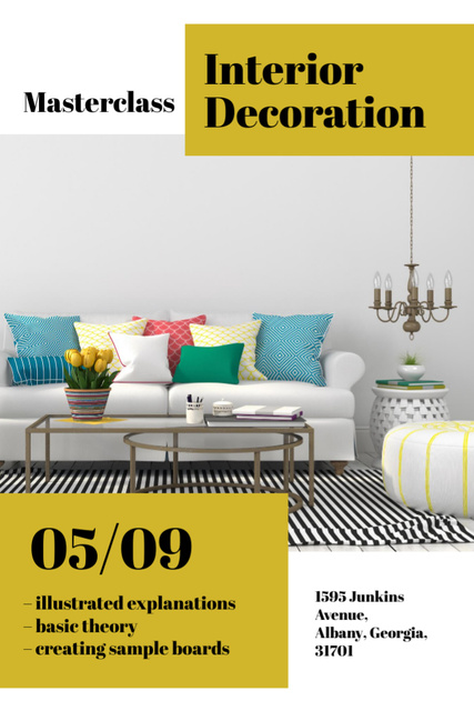 Szablon projektu Interior Decoration Masterclass Ad with Interesting Living Room Interior Flyer 4x6in