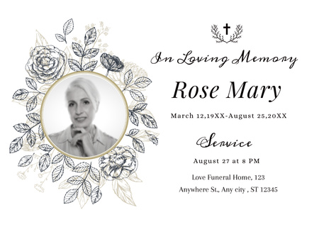 Funeral Ceremony Announcement with Photo and Floral Wreath Card Design Template