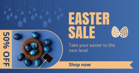 Pääsiäisalennusilmoitus, jossa on sinisiä munia pesässä Facebook AD Design Template