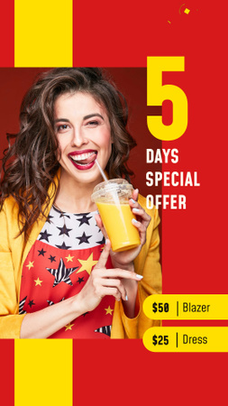 Clothes Offer Smiling Woman with Cup To-Go Instagram Video Story Design Template