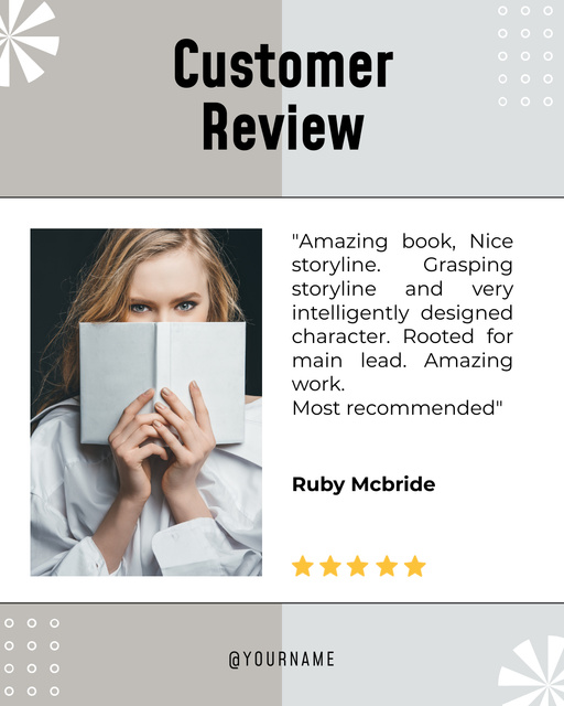 Designvorlage Client Review Book with Young Attractive Woman für Instagram Post Vertical