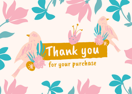 Plantilla de diseño de Mensaje de agradecimiento con flores de primavera y pájaros Postcard 5x7in 