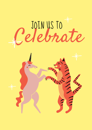Funny Tiger And Unicorn Dancing Postcard A6 Vertical Design Template