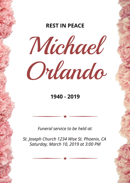 Funeral Service Announcement with Elegant Floral Frame Invitation Πρότυπο σχεδίασης