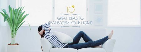 Real Estate Ad with Woman Resting on Sofa Facebook cover Modelo de Design