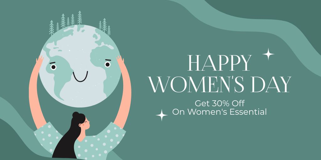 Discount Offer on Women's Day with Woman holding Planet Twitter Design Template
