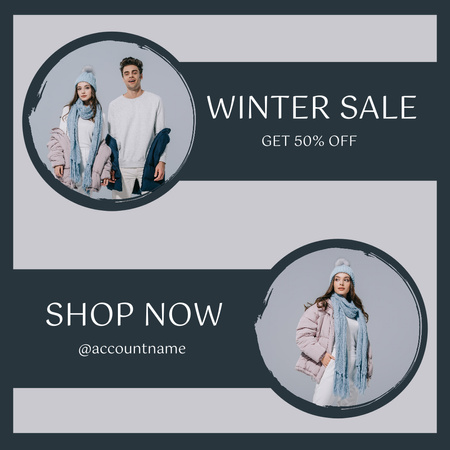 Winter Sale Announcement with Couple in Warm Clothes Instagram Design Template