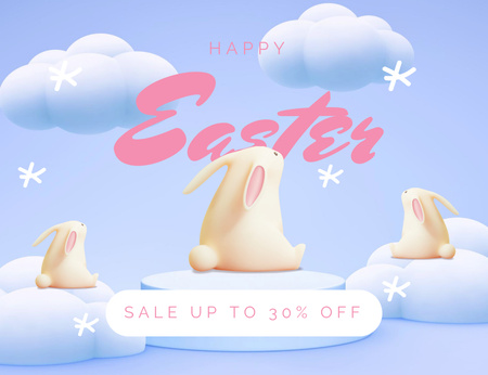 Easter Holiday Sale Ad with Decorative Rabbits on Clouds Thank You Card 5.5x4in Horizontal Design Template