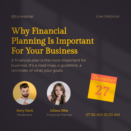 Szablon projektu Ogłoszenie seminarium internetowego na temat planowania finansowego na czarno Instagram