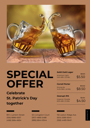 Beer Glasses on St.Patrick's Day And List Of Beverages Poster Design Template