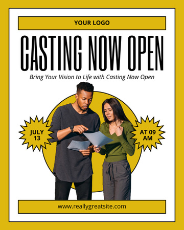 Designvorlage Eröffnung des Castings für junge Schauspieler für Instagram Post Vertical