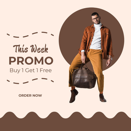 Διαφήμιση ρούχων μόδας με όμορφος άντρας με τσάντα Instagram Πρότυπο σχεδίασης