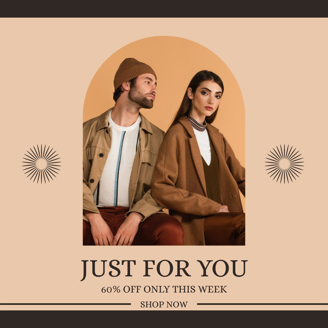 Fashion Collection Ad with Stylish Couple on Beige Instagram Design Template