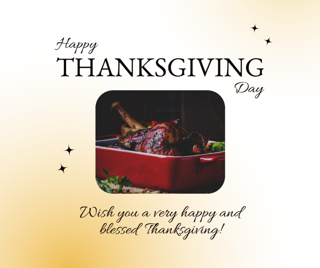 Thanksgiving Holiday Greeting with turkey on Table Facebook Modelo de Design