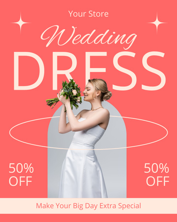 Designvorlage Rabatt auf Brautkleider mit Braut und Blumenstrauß für Instagram Post Vertical