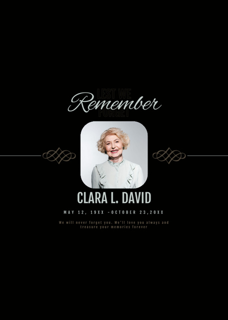 Platilla de diseño Funeral Memorial Phrase with Elements and Photo of Nice Lady Postcard 5x7in Vertical