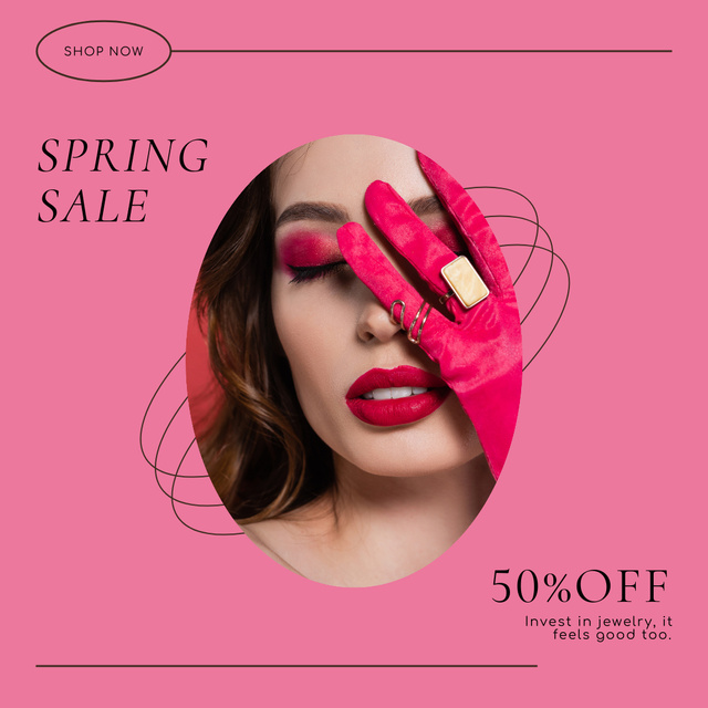 Szablon projektu Spring Sale Announcement with Young Woman with Beautiful Makeup Instagram