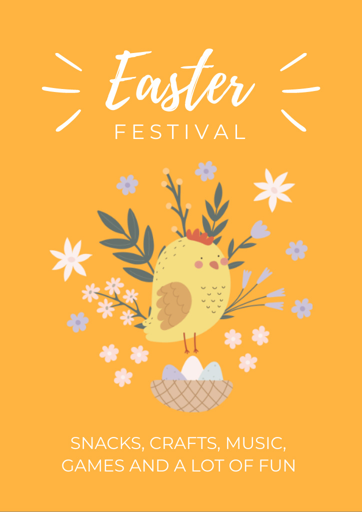 Easter Festival Announcement with Cute Chick and Eggs Flyer A4 tervezősablon