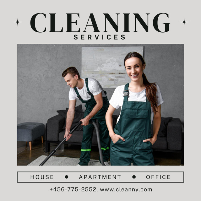 Plantilla de diseño de Cleaning Services with Smiling Workers And Vacuum Cleaner Instagram AD 