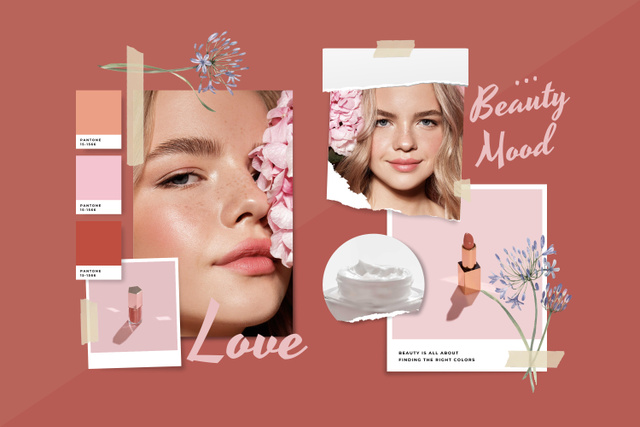 Woman with Tender Makeup in Pink Mood Boardデザインテンプレート