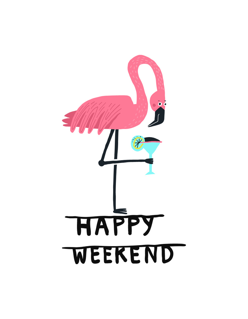 Pink Flamingo with Beverage  T-Shirt Design Template