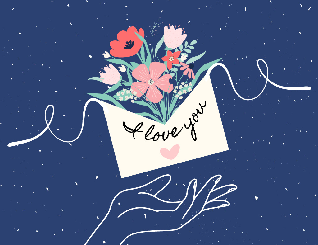 Happy Valentine's Day Greeting with Envelope and Cute Flowers Thank You Card 5.5x4in Horizontalデザインテンプレート