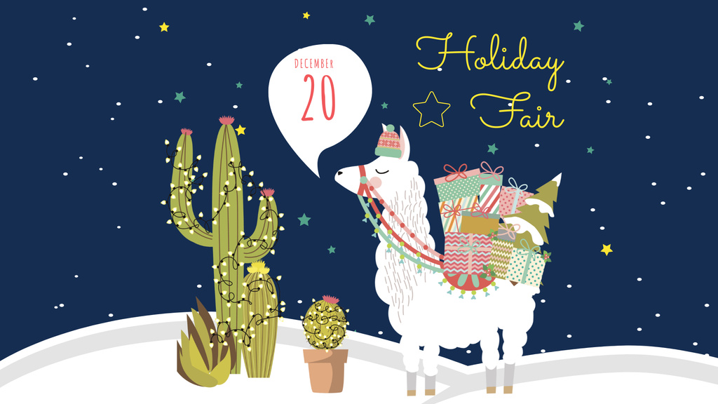Christmas Holiday Fair Announcement with Cute Lama FB event coverデザインテンプレート