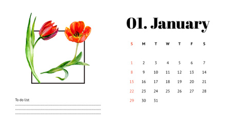 Εικονογράφηση των όμορφων κόκκινων λουλουδιών Calendar Πρότυπο σχεδίασης