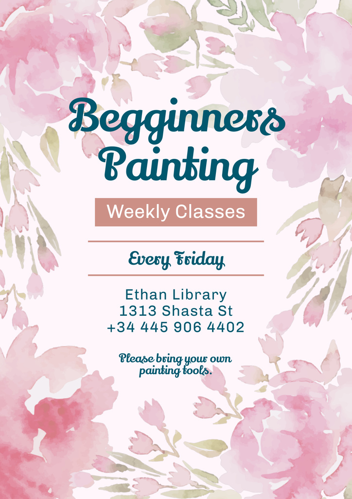 Painting Classes for Beginners with Tender Flowers Drawing Poster Modelo de Design