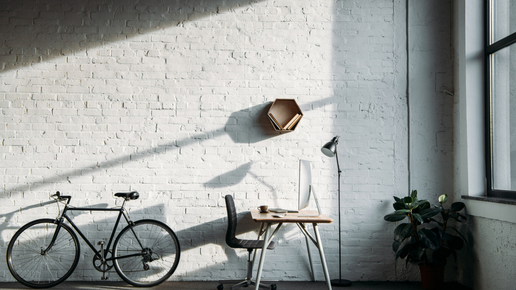 Szablon projektu Cozy Home Workplace with Bike and Flower Zoom Background
