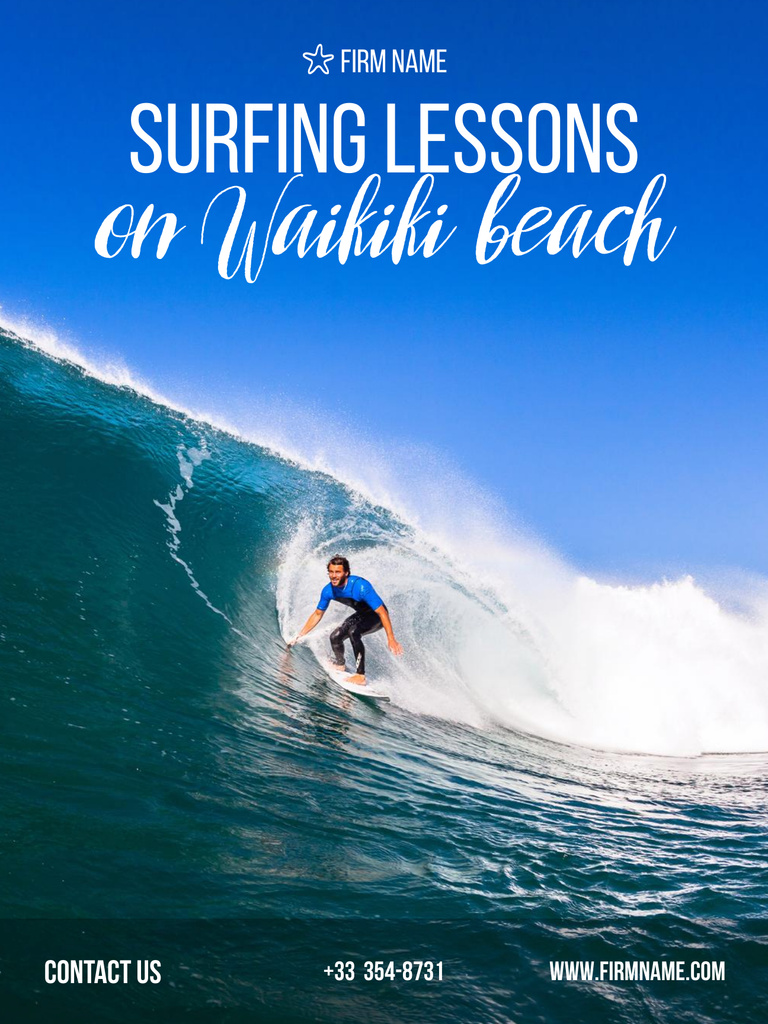 Surfing Lessons Announcement with Man on Wave Poster US Design Template