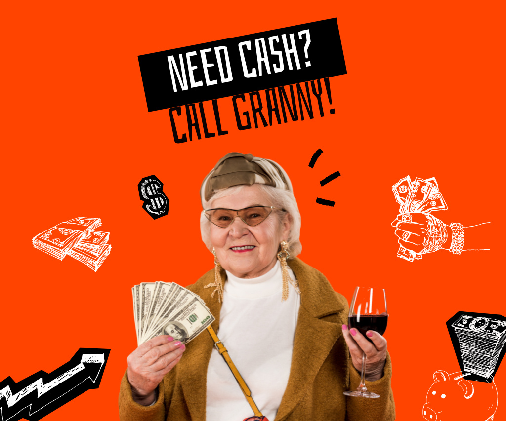 Funny Granny holding Dollars and Wine Large Rectangleデザインテンプレート