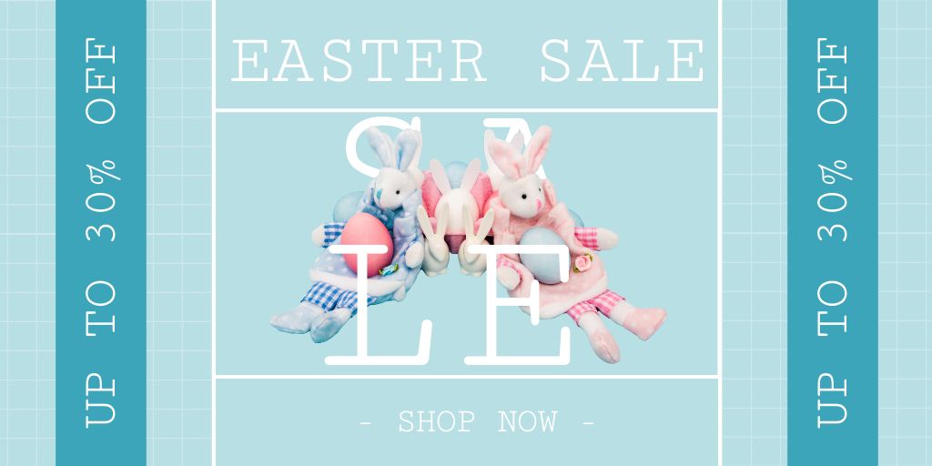 Easter Sale with Decorative Bunnies and Painted Eggs on Blue Twitter Design Template