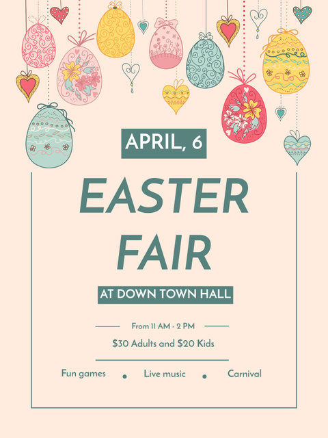 Plantilla de diseño de Easter Fair Announcement with Hanging Easter Eggs and Hearts Poster US 