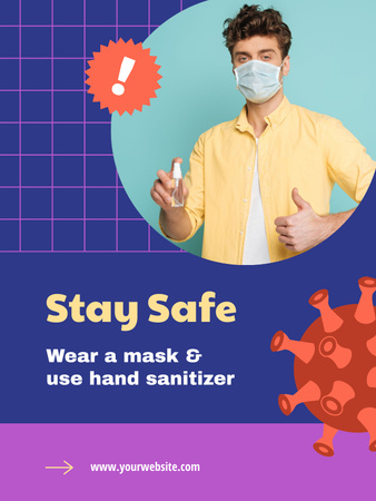 Designvorlage Mann in medizinischer Maske mit Desinfektionsmittel für Poster US