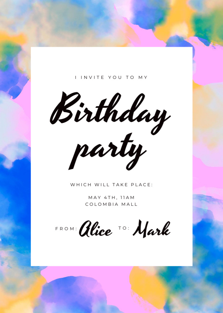 Birthday Party Announcement on Bright Watercolor Pattern Invitation Modelo de Design
