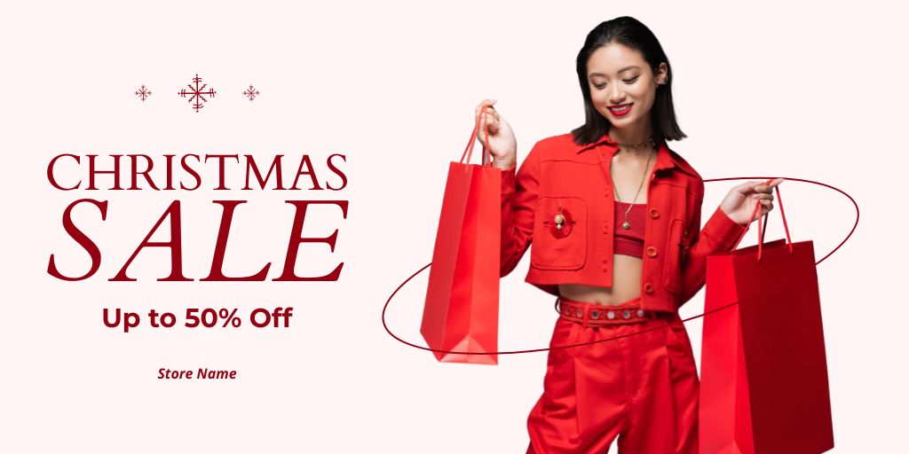Asian Woman on Shopping at Christmas Fashion Sale Twitterデザインテンプレート