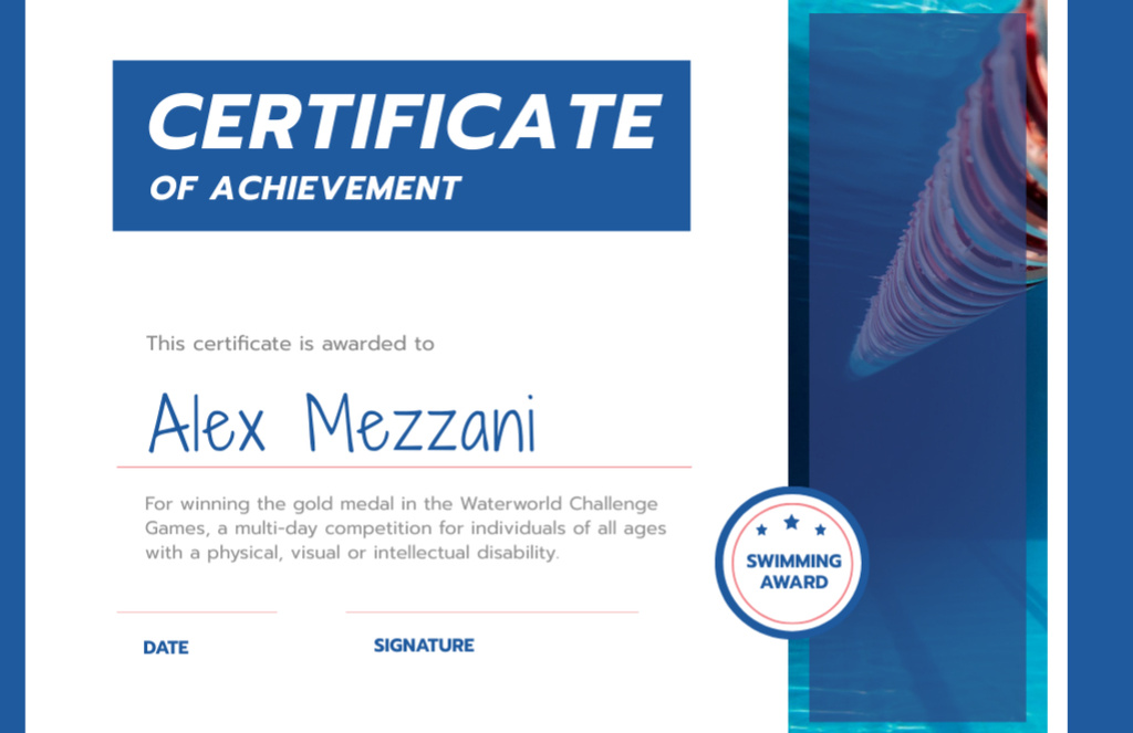 Ontwerpsjabloon van Certificate 5.5x8.5in van Swimming Contest Achievement with Blue Pool