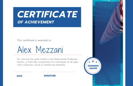 Template di design Achievement Contest di nuoto con piscina blu Certificate 5.5x8.5in