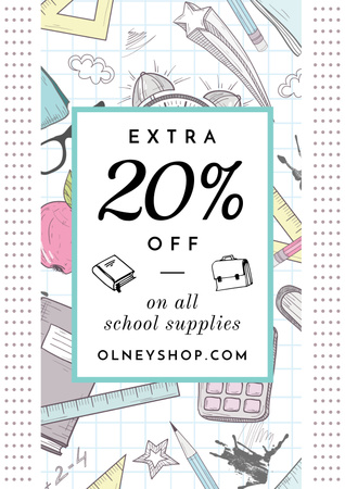 School Supplies Sale with Illustration of Stationery Poster Design Template
