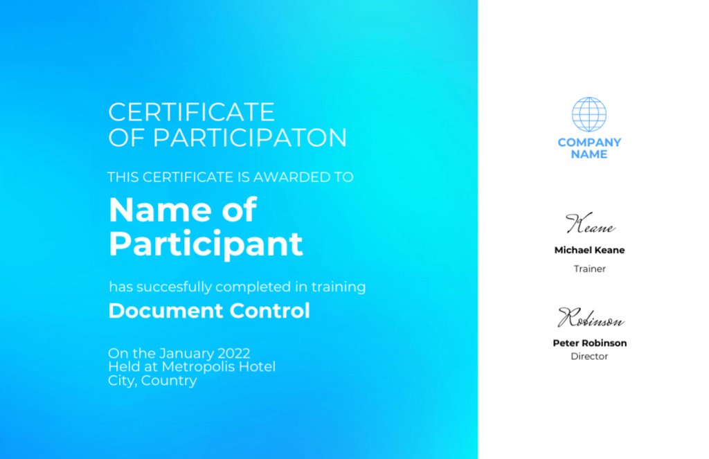 Plantilla de diseño de Employee Participation Award on Blue Certificate 5.5x8.5in 