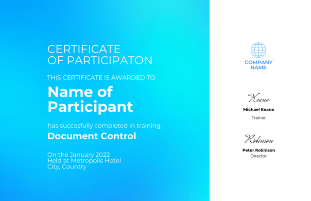 Szablon projektu Employee Participation Award on Blue Certificate 5.5x8.5in