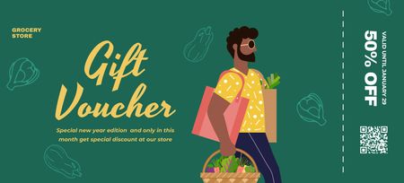 Gift Discount In Grocery Store With Illustration Coupon 3.75x8.25in Design Template
