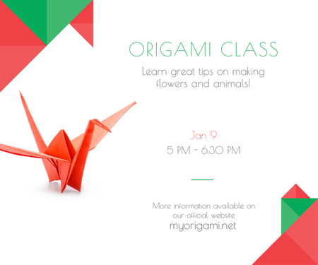 Plantilla de diseño de Invitación Clases de Origami con Grulla de Papel en Rojo Medium Rectangle 