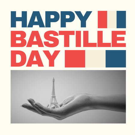 Plantilla de diseño de mano con torre eifel para el saludo del día de la bastilla Instagram 