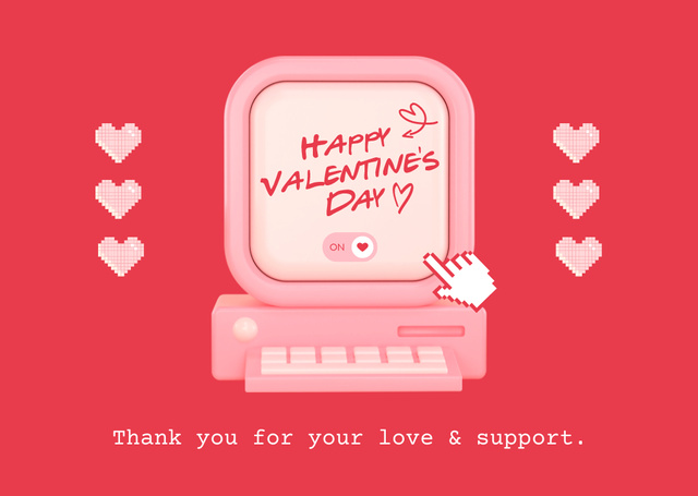 Platilla de diseño Happy Valentine's Day Greeting on Computer with Pixel Hearts Card