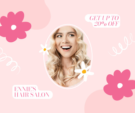 Hair Salon Services Offer with Smiling Young Woman Facebook Design Template