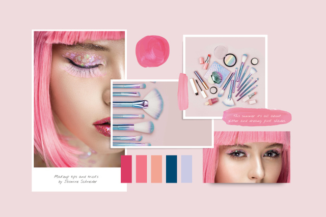 Creative Makeup in Pink with glitter Mood Board tervezősablon