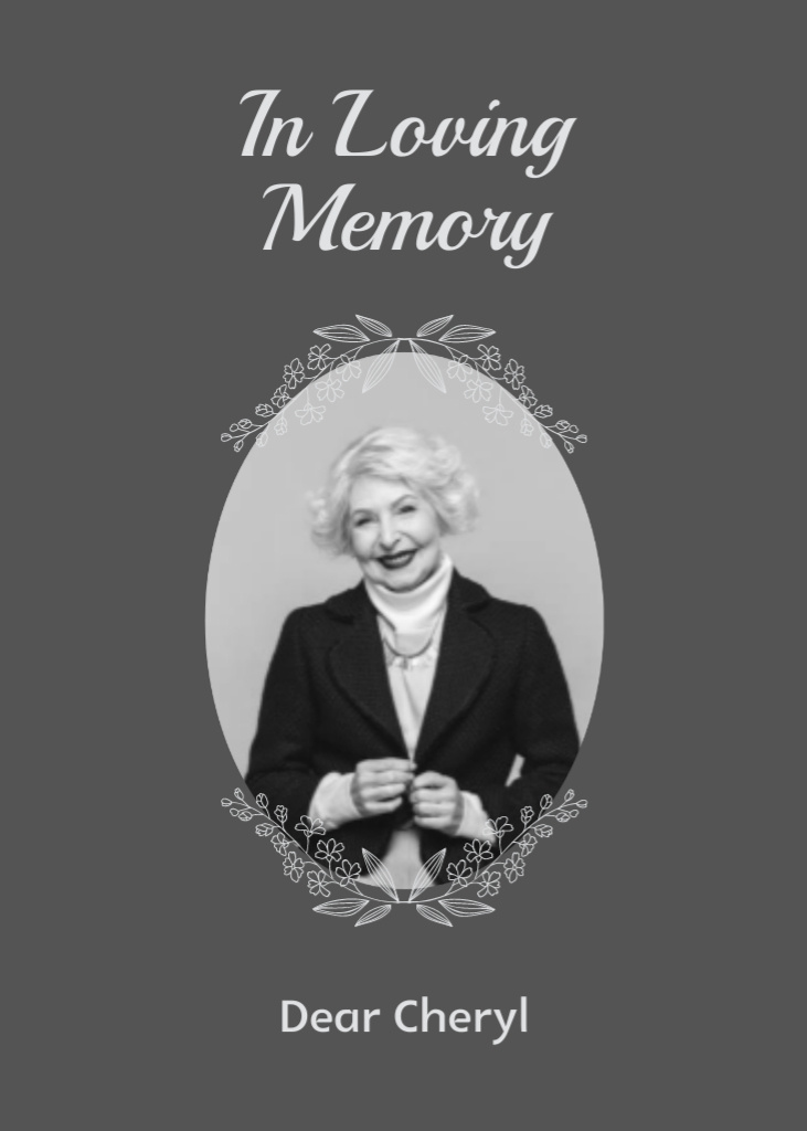 Designvorlage Funeral Remembrance Card with Photo in Floral Round Frame für Postcard 5x7in Vertical